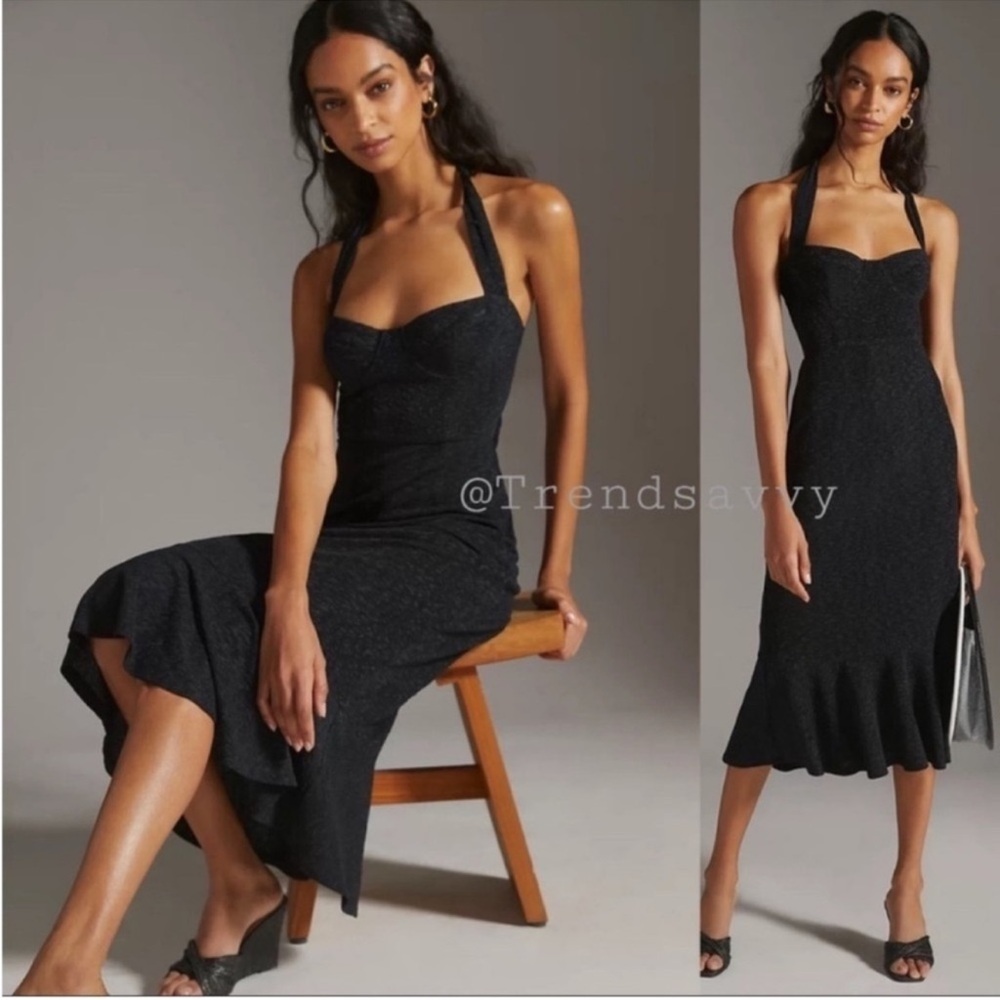 Anthropologie Hutch Black Halter Corset Midi Dress Sweetheart  Flare Hem M NWT